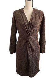 Peach Love California Brown Glitter Long Sleeve VNeck Twist Front Dress sz Small