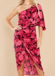 Talula Sashay Away Fuchsia Pink red rose Floral Print Dress one shoulder Medium