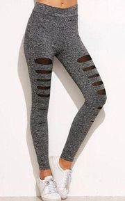 Heather Gray Marled Knit Mesh Insert Ripped Leggings Womens Large Boutique