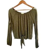 Paper + Tee Long Sleeve Front Tie Top Olive Green Small