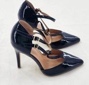 Journee Tru Womens Blue Patent   Leather Pointed Toe T Strap  Heels 6.5