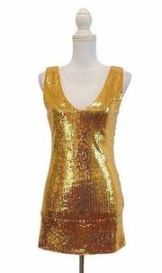 CGEN Women's Large Gold Sequins Sexy Clubwear Party Mini Sleeveless V Neck Dress