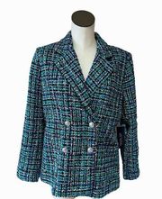 NWT Rachel Zoe Plaid Tweed Blazer Silver Button Medium