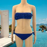 Hula Honey (S) Blue Tiered Ruffled Lace Bandeau Bikini Top Bottoms Swimsuit Set