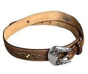 Justin Womens Rhinestone Studded Western Belt 32 Brown Leather Silver Buckle