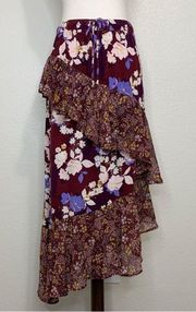 Mossimo Burgundy Floral Ruffle Midi Skirt