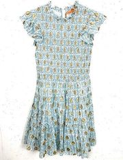 Oliphant Womens Ruffle Neck Smocked Bodice Dress Cotton Blue Gold Size Medium