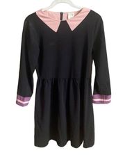 Pink Owl Black Long Sleeve Pleated Dress with Pink and Purple Trim. Size Small