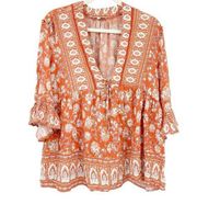 C&C California Womens Boho Floral Printed Ruffle V Neck Blouse Tunic Top Size S