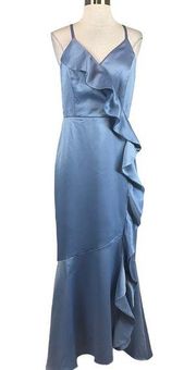 Women's Formal Dress Size 12 Blue Satin Ruffled Sleeveless High Low Gown