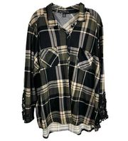 French Laundry Plus Size 3X Top Plaid Brown Black Lace Sleeve Button Down 801