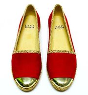 Stuart Weitzman Red Suede Metallic Cap Toe Slip-ons Flat Loafers Shoes Sz 7 NIB
