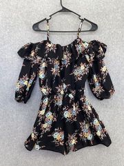 AS U Wish Women's Romper Black Floral Shorts Off Shoulder Size Large Ruffle