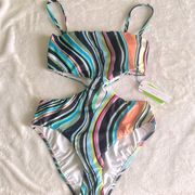 Sanctuary Bathing Suit One piece Small Swim Side Cutout Padded Cup Dizzy Waves