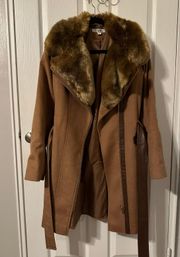Belted Wool Blend Wrap Coat With Faux Fur Good
