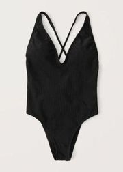 A&F Black Plunge Ribbed Cross Back One Piece Swimsuit Large