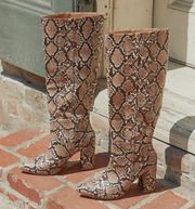 Katari Tan Snake Pointed Toe Knee High Boots