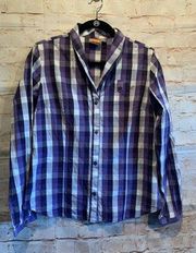 Merrell Button Blouse M purple plaid long sleeve