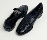 ADRIANNA PAPELL Black Leather Lined Embossed Studded Pointy Toe Flats, Size 7