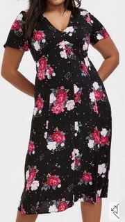 Torrid Midi Challis Button-Front Dress Floral Envelope Pattern Sz 4 Black