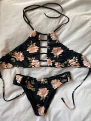 Black And Floral Bathing Suit Set