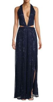 Ramy Brook Selena Cut Out Sequin Evening Gown Dress in Navy Blue Size 12