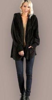 Hem & Thread Fuzzy Knit Open Front Hooded Cardigan Black One Size