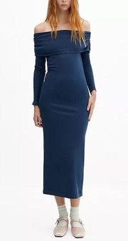 Patty Boutik Off Shoulder Bodycon MIDI Long Sleeve Party Dress in Navy