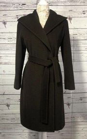 CALVIN KLEIN LONG ANGORA WOOL DARK BROWN WRAP COAT WITH BELT size 8