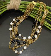 Vintage St John Black/White Beaded Multi Strand Layered Gold tone Chain Necklace