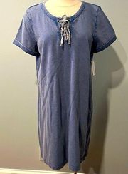 NWT Style & Co Cold Sea Blue Cotton Lace Up Short Sleeve Tunic Dress Size Medium