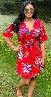 Old Navy Plus Sz XXL Wrap Dress Short Bell Sleeve Red Floral V-Neck Knee Length