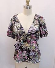 Topshop Floral Short Sleeve Peplum Ruffle Top Bow Tie Open Back