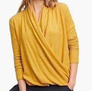 Pure & Good Anthropologie Mustard Yellow Faux Wrap Sweater Womens Size Medium