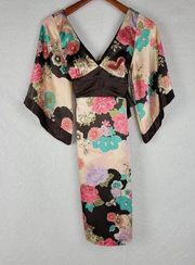 Vintage Arden B Dress Small Brown Pink Floral Kimono V Neck Ribbon Tie Back USA