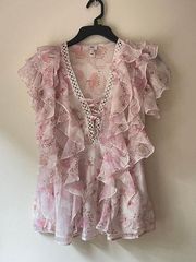 River Island Top Womens 6 Pink Floral Ruffle V-neck Feminine Romantic Dressy