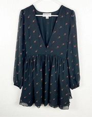 WILDFOX Moira Black Rosebud Print Deep V-Neck Double Layer Flounce Hem Dress