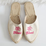 Ganni Spellout Logo Palm Tree Hot Pink Embroidered Ivory Canvas Espadrille Slide