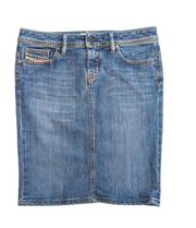 Vintage Diesel Denim Skirt Knee Length Pencil Jean Embroidered Low Rise Womens