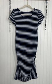 Isabel Maternity Navy Blue & White Striped Ruched Side Short Sleeve Dress Size S