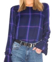 Anthropologie Purple Plaid Flare Sleeve Blouse