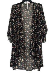 Bellatrix Boho Floral Kimono Cover Up Black Sheer Long Line Roll Tab Sleeves XL