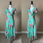 MADISON LEIGH | Teal Floral Asymmetrical Hem Maxi Dress Sz 12