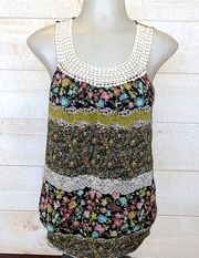 Boho Floral Crochet Trim Sleeveless Top