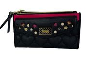 Betsey Johnson Black & Pink Heart Rhinestones Double Zip Quilted Wallet