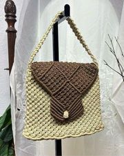 Handmade crochet shoulder bag brown and tan single handle square boho