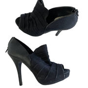 Fergalicious Heels Womens 6 Black Errand Ruffled Open Toe Slip On Shoes Stilleto