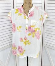 Quiksilver Floral Sheer Popover Blouse White Pink Small