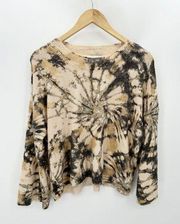 Peyton Jensen Sweater Women SMALL Cream Black Tie Dye Wide Sleeve Knit Pullover