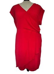 CIty Chic Faux Wrap Surplice Midi Dress Size 24/XXL Red V-Neck Lined Skirt